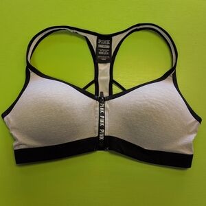 PINK Victoria's Secret White and Black Front-Zip Racerback Sports Bra